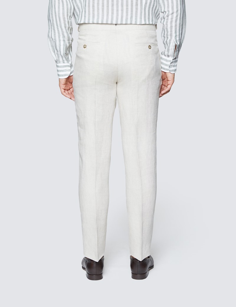 Men's Cream Plain Linen Tailored Fit Suit Trousers