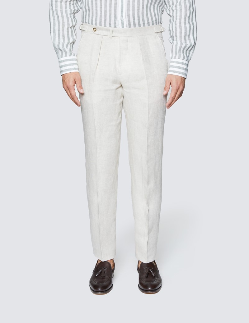 Men's Cream Plain Linen Tailored Fit Suit Pants
