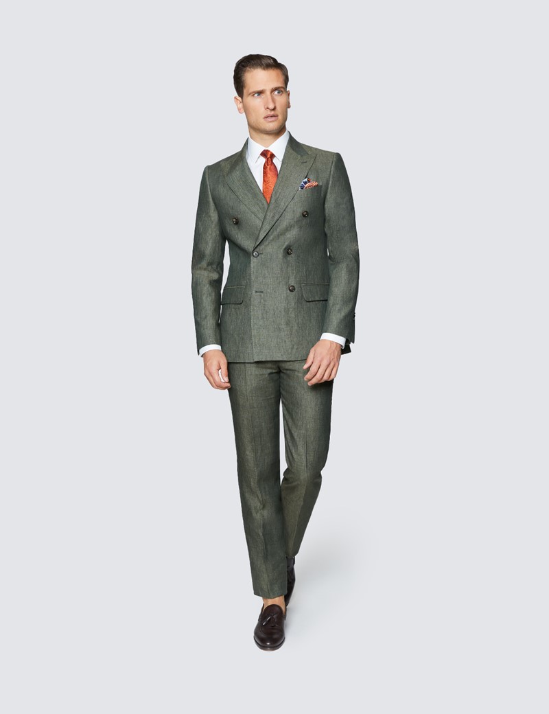 Men's Dark Green Linen Tailored Fit Italian Pleated Suit Trousers - 1913 Collection