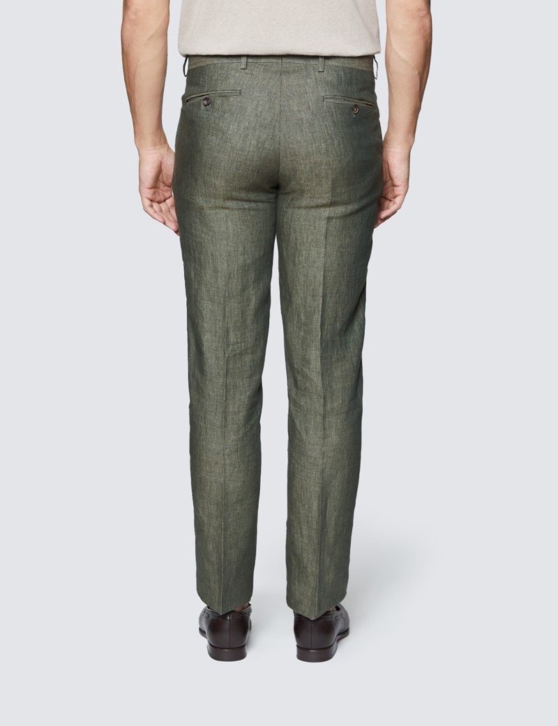 Men's Dark Green Semi Plain Linen Tailored Fit Italian Pleated Suit Trousers - 1913 Collection