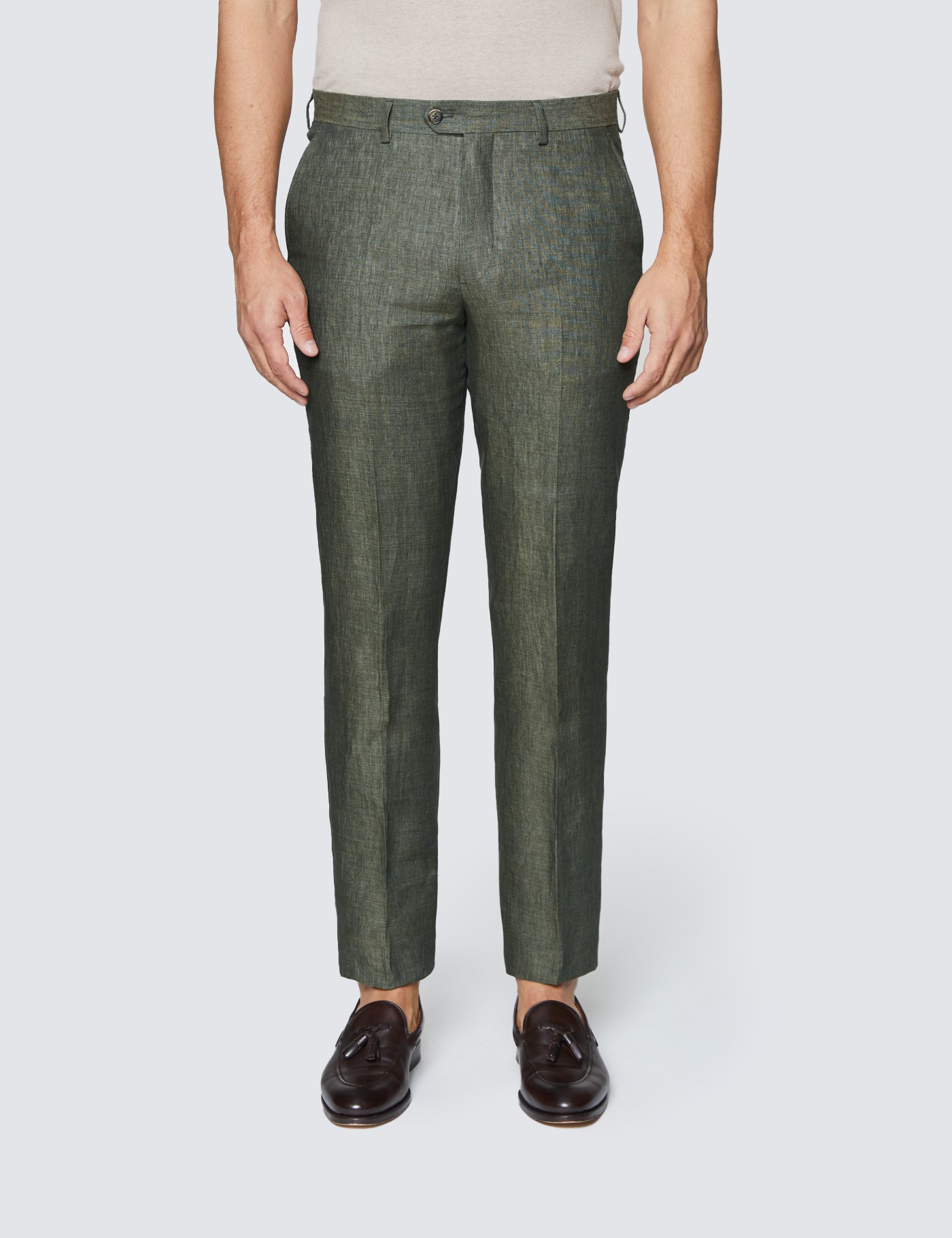 Men's Dark Green Semi Plain Linen Tailored Fit Italian Pleated Suit ...