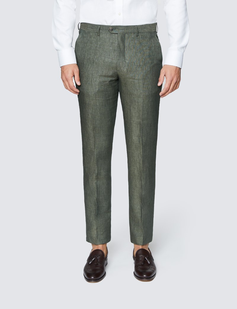 Men's Dark Green Semi Plain Linen Tailored Fit Italian Pleated Suit Trousers - 1913 Collection
