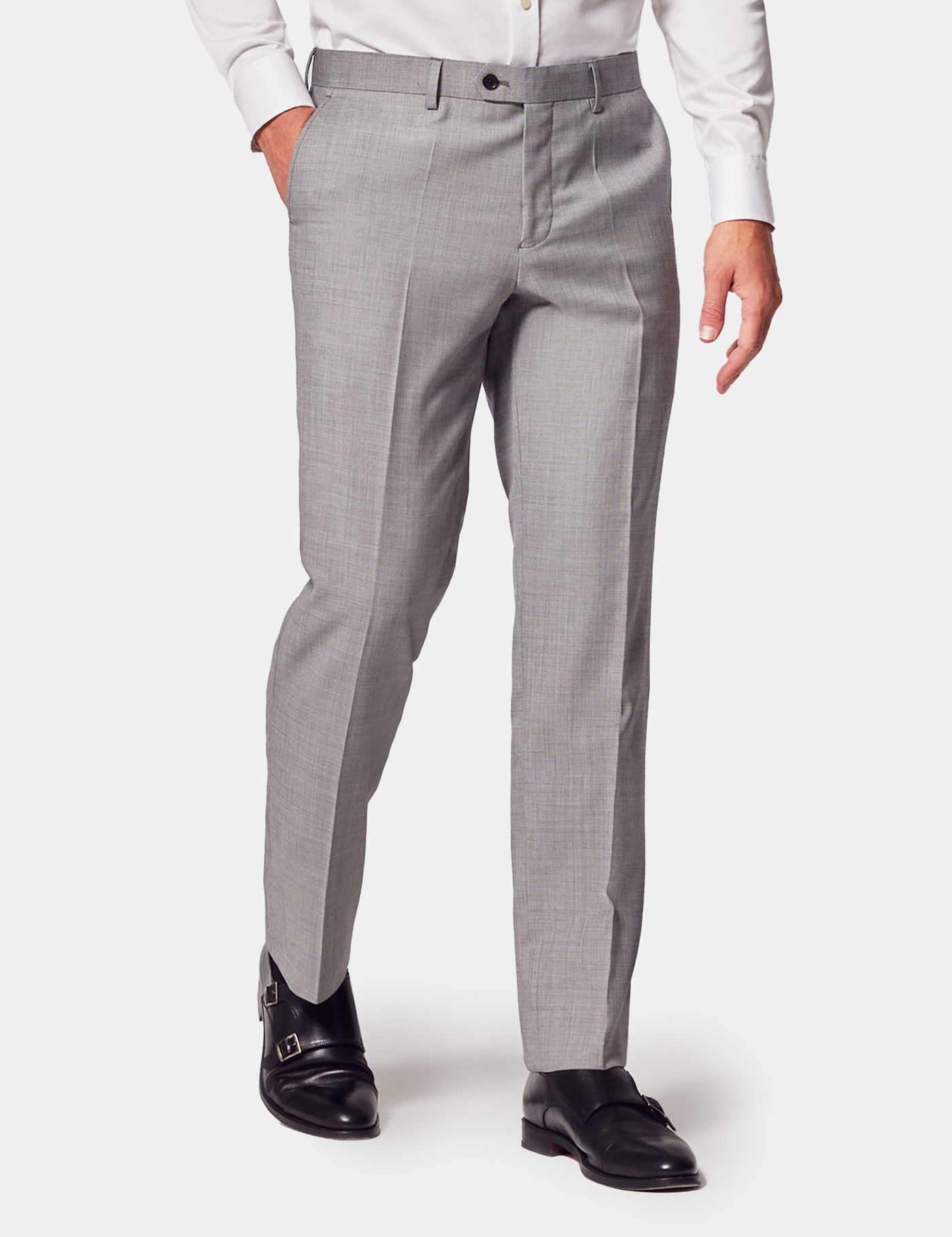 & Slim Fit Light Grey Twill Suit Trousers 32"