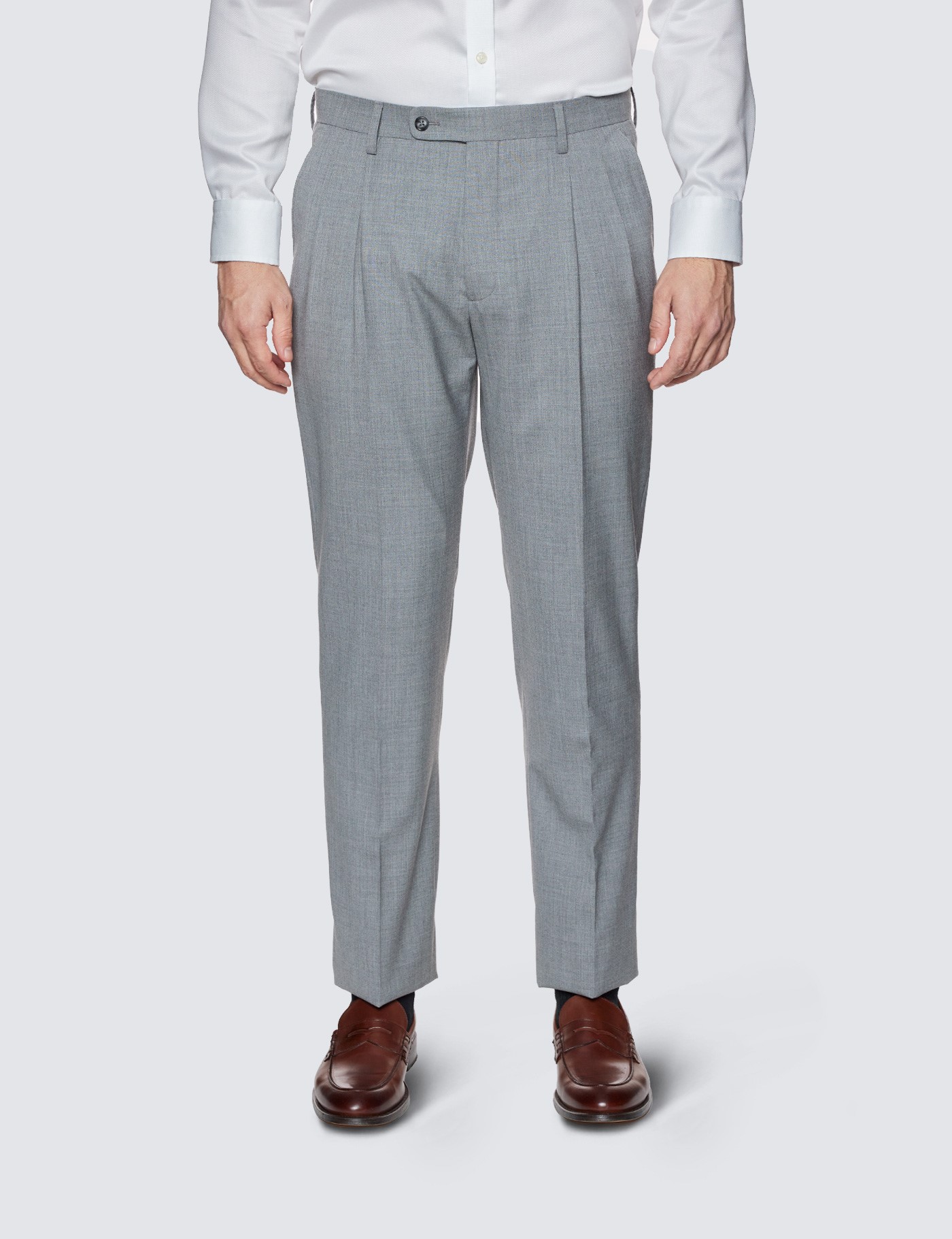 Men’s Grey Twill 100% Wool Pleated Trousers | Hawes & Curtis