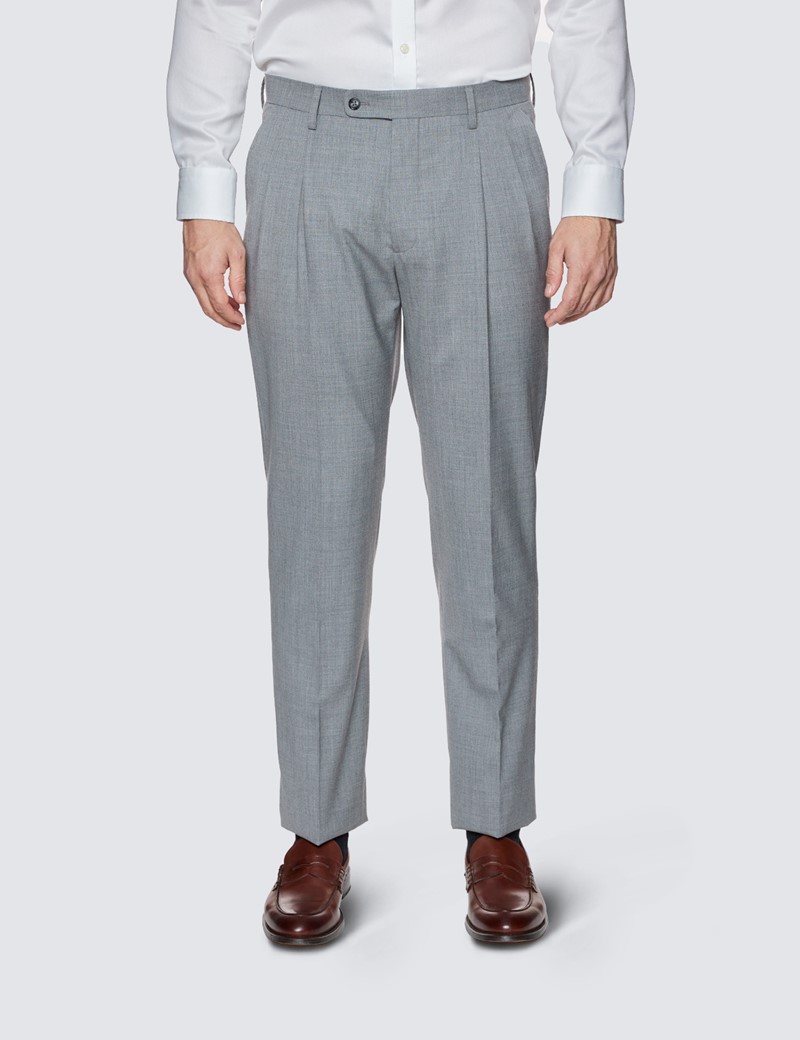 Men’s Grey Twill Wool Pleated Trousers