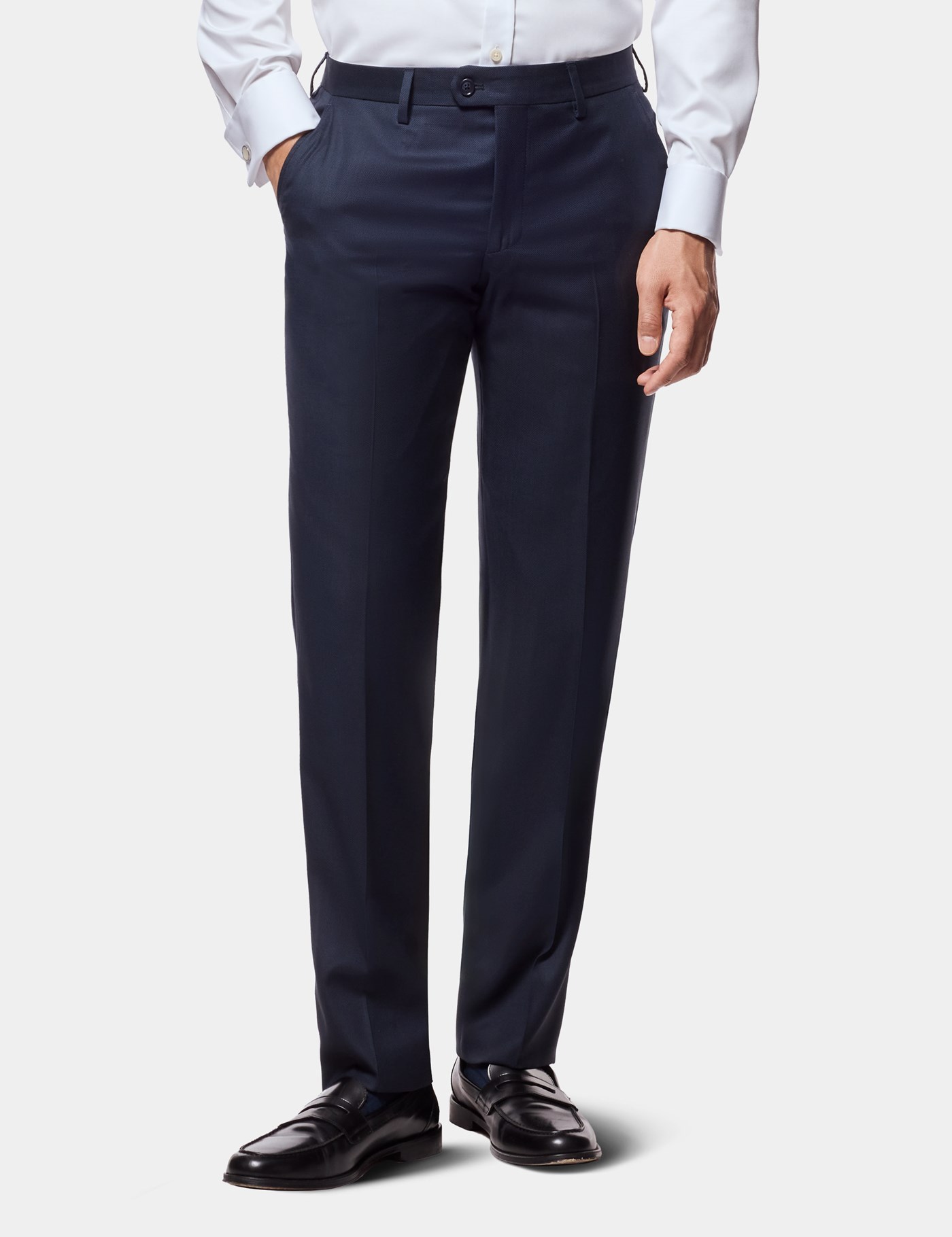 Hawes & Curtis Slim Fit Navy Birdseye Suit Trousers Size: 34-UNHEM