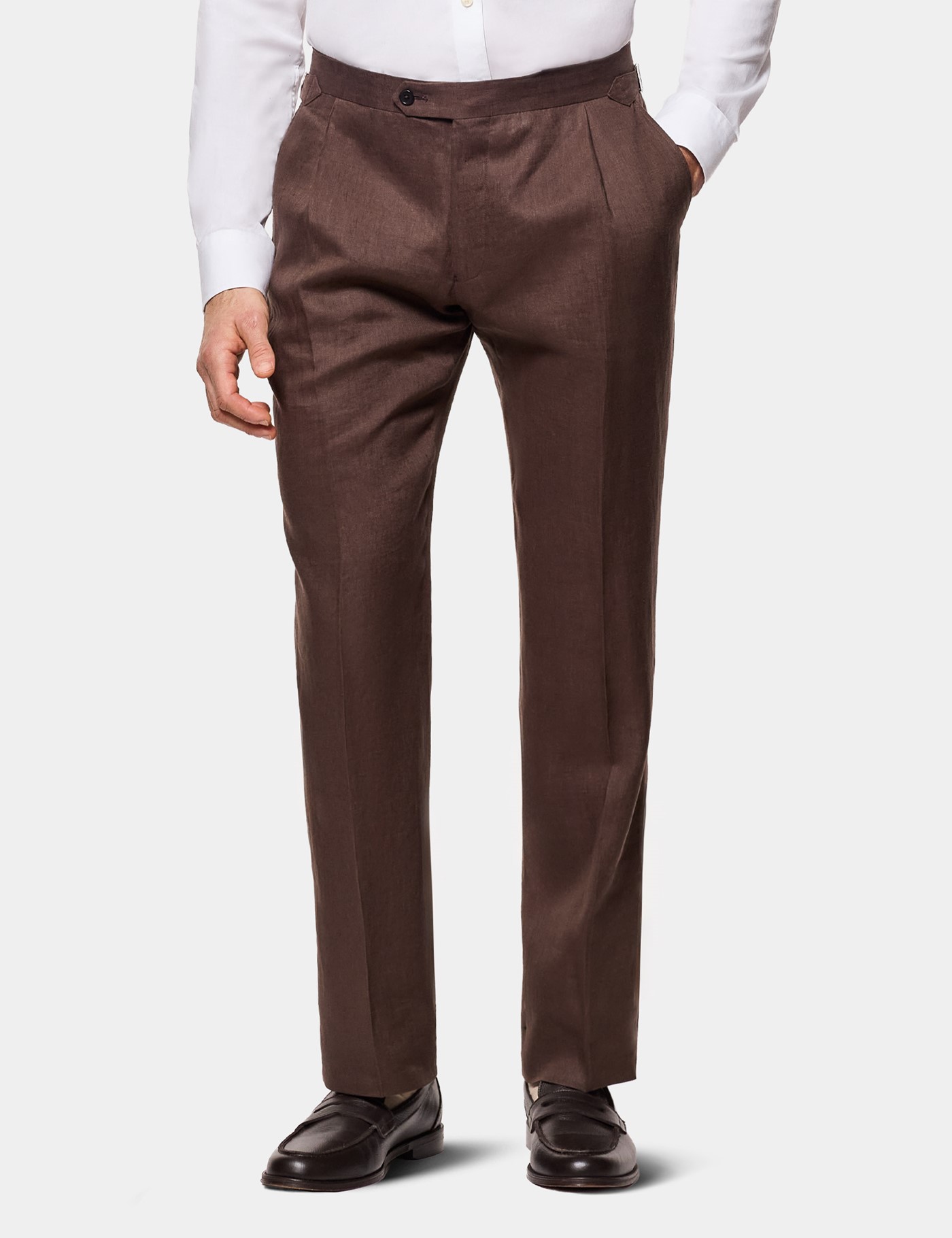 Hawes & Curtis Tailored Fit Brown Linen Suit Trousers With Side Adjusters Size: 38" (EU 54)