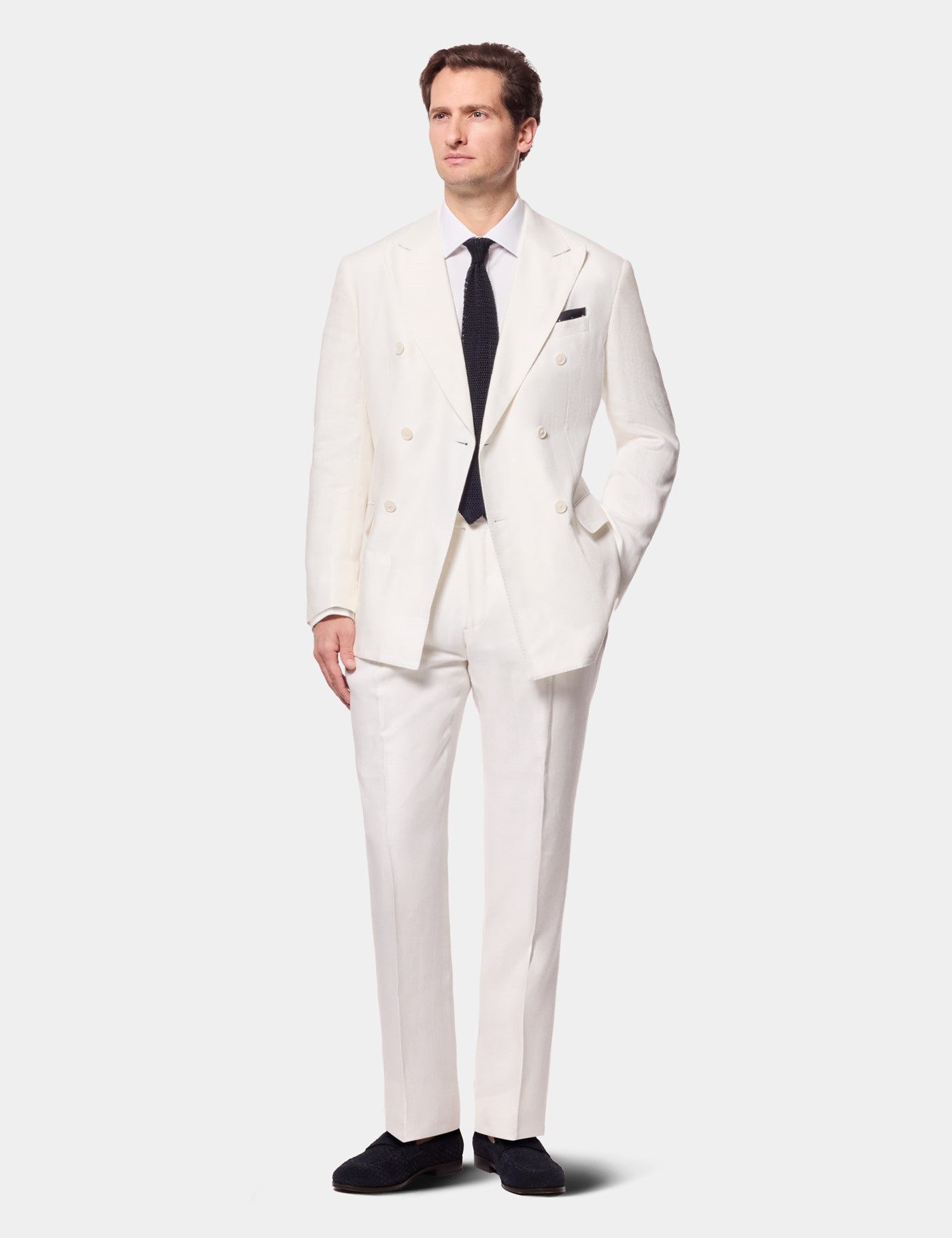 Hawes & Curtis Tailored Fit Cream White Herringbone Linen Suit Trousers Size: 34" (EU 50) image 4