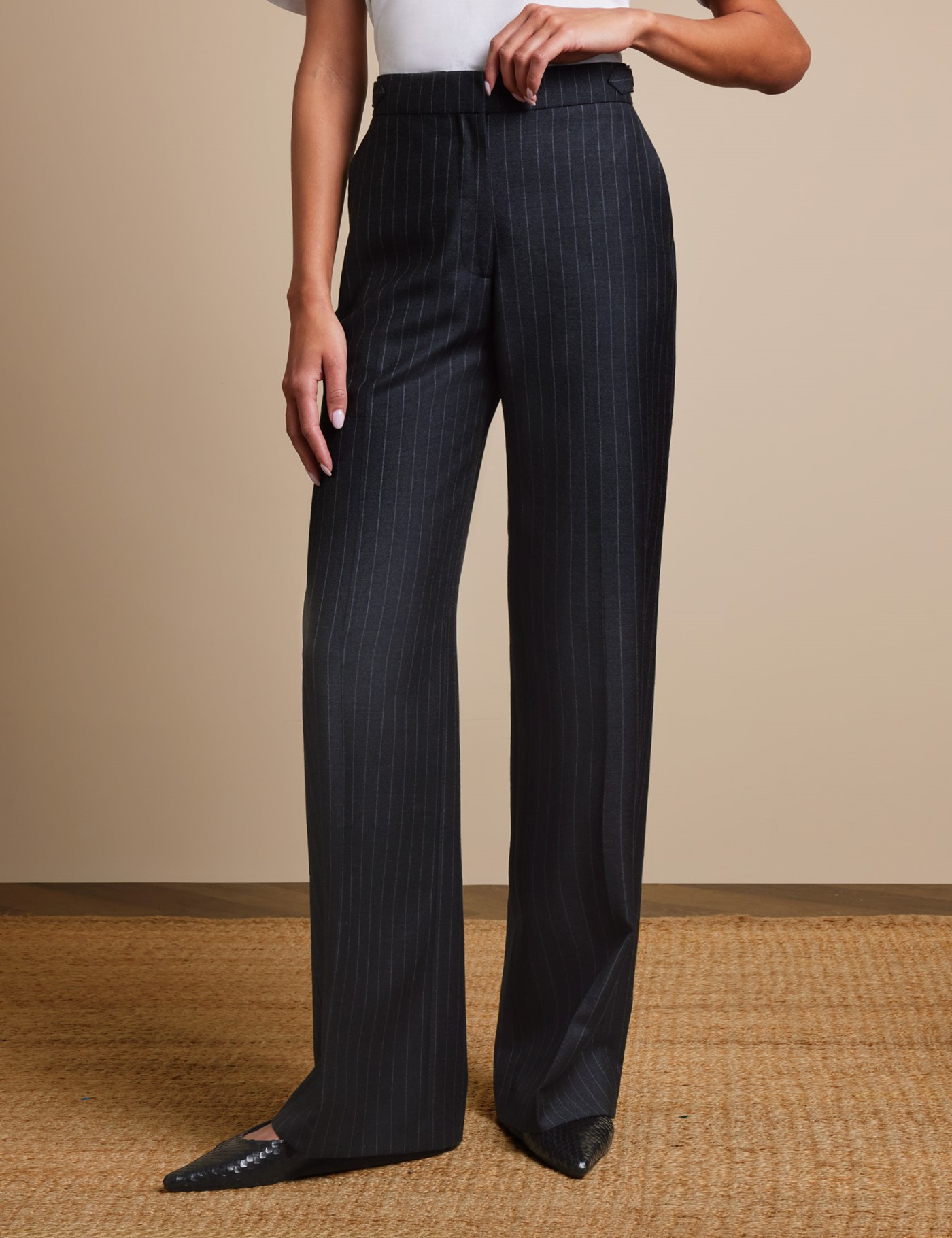 & Chalk Stripe Wide Leg Trousers Side Adjusters Reg