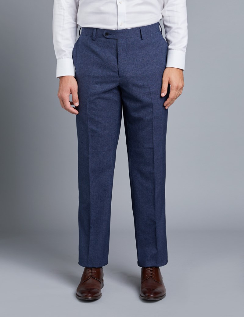Men's Dark Blue Textured Classic Fit Trousers | Hawes & Curtis