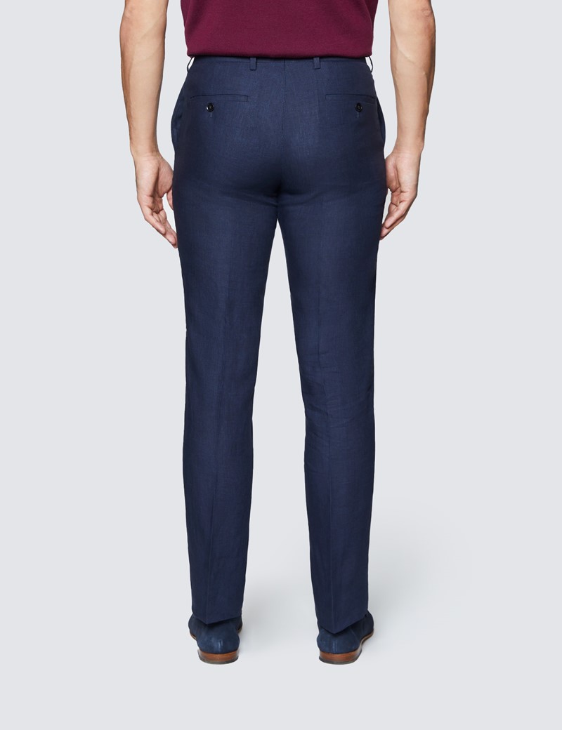 Men's Navy Linen Slim Fit Suit Trousers