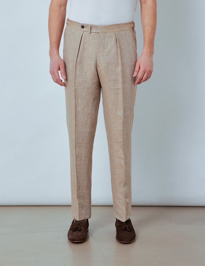 Damn it Emphasis Leaflet Men's Beige Linen Pleated Tailored Fit Linen Pants – 1913 Collection |  Hawes & Curtis