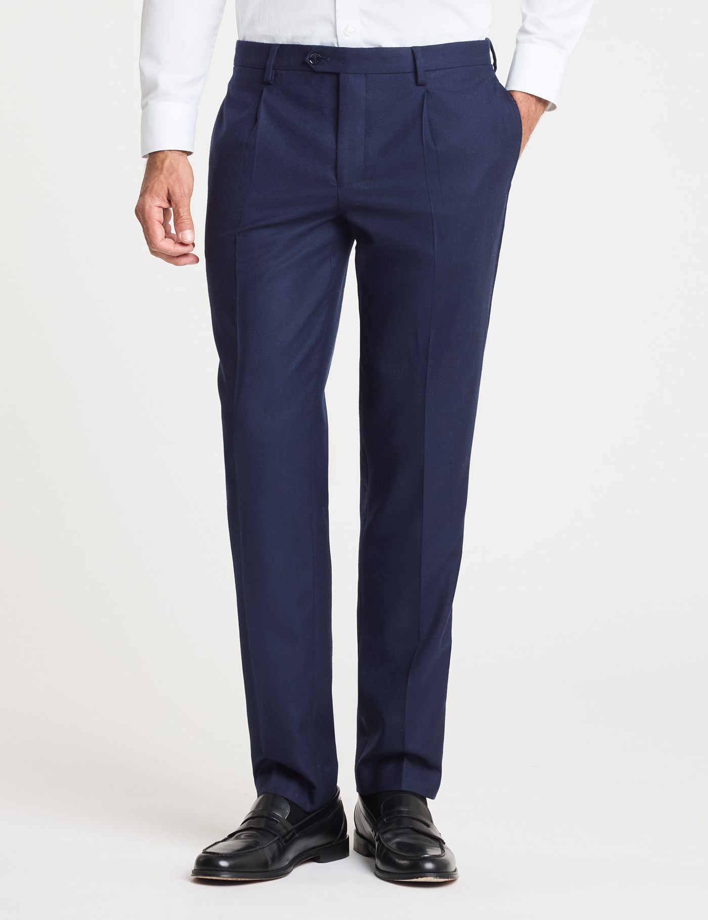 Hawes & Curtis Slim Navy Pleated Pure Flannel Wool Trousers | Wool Flannel | Plain | Men's