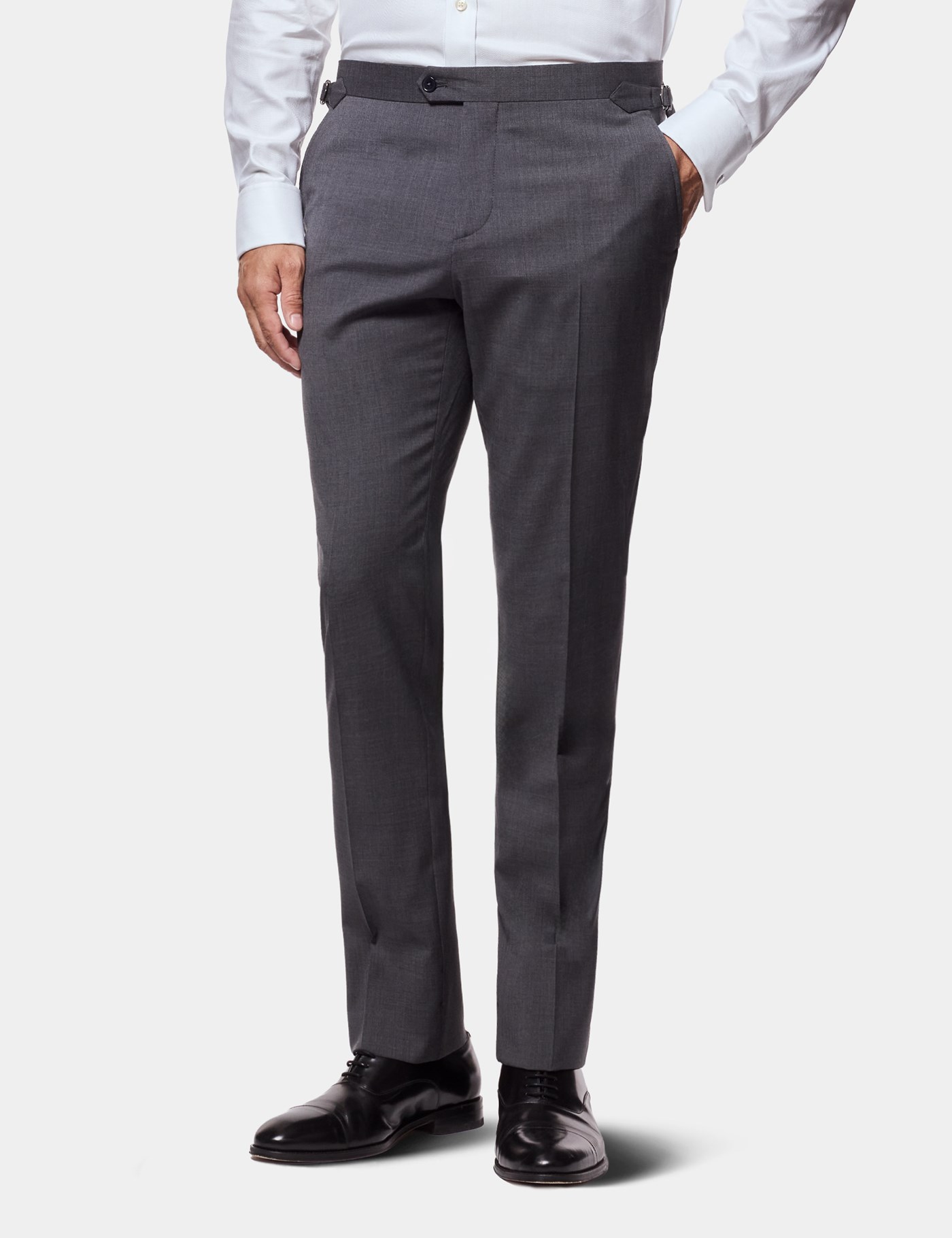Hawes & Curtis Slim Fit Dark Grey Suit Trousers With Side Adjusters Size: 30-UNHEM