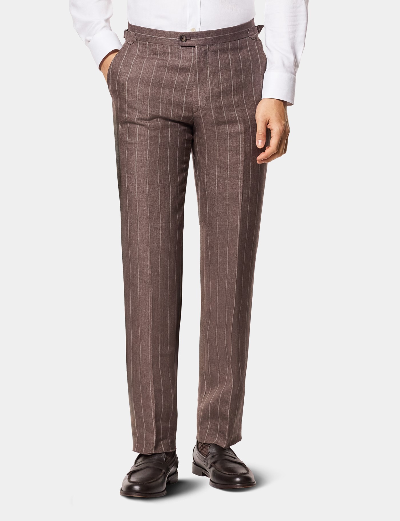 Hawes & Curtis Tailored Fit Dark Brown Stripe 1913 Linen Suit Trousers With Side Adjusters Size: 36" (EU 52)
