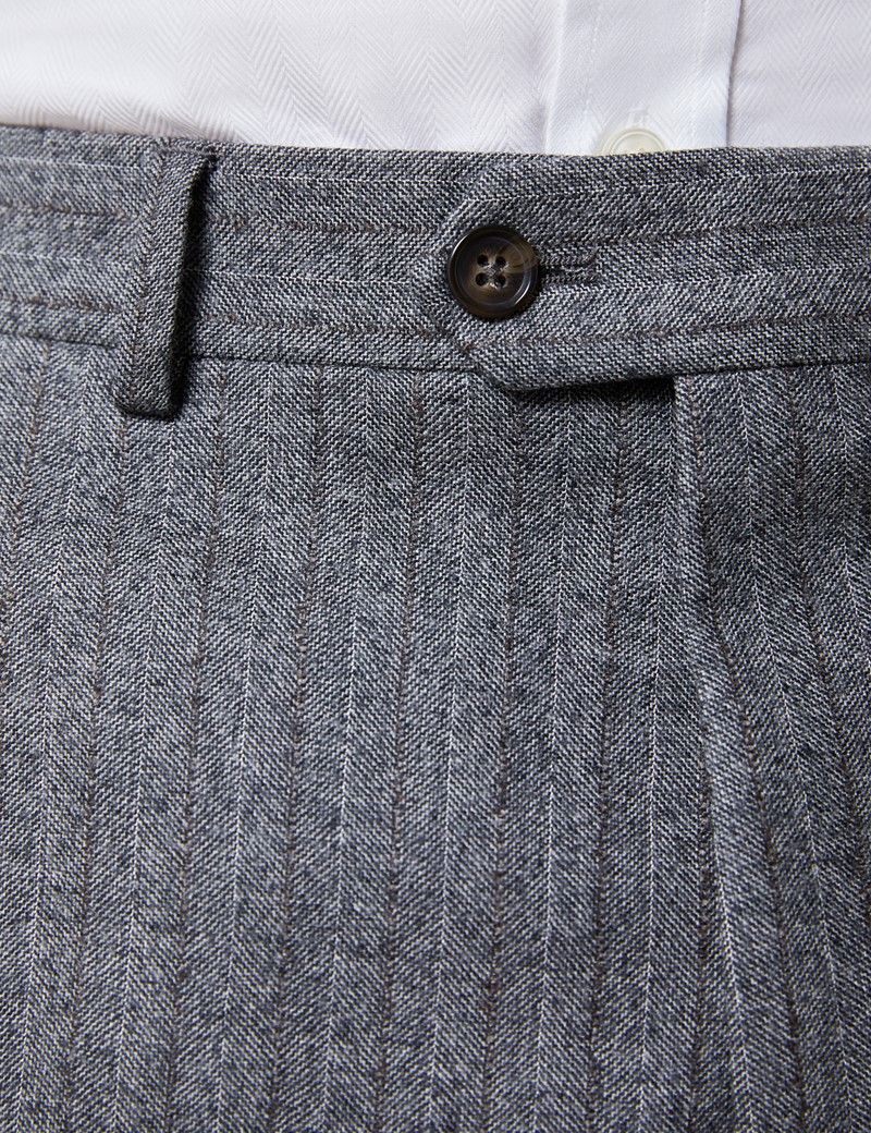 Men's Grey & Brown Herringbone Stripe Slim Fit Italian Suit Trousers ...