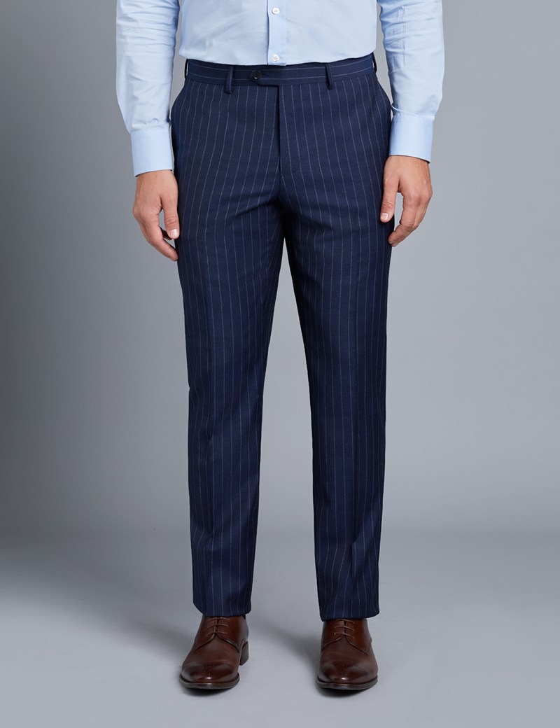 Men's Navy Chalk Stripe Slim Fit Suit Trousers | Hawes & Curtis