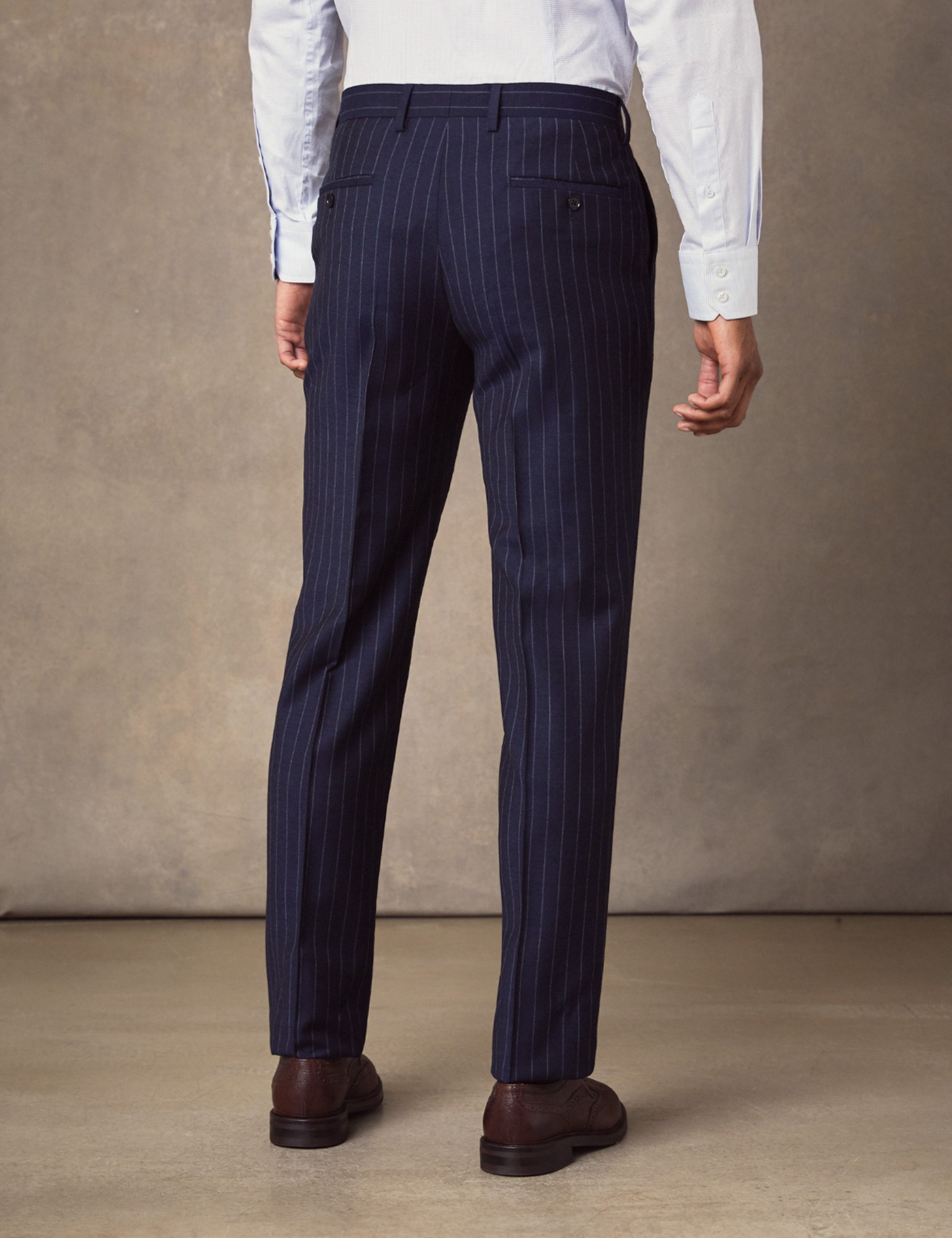 Men S Navy Chalk Stripe Slim Fit Suit Trousers Hawes Curtis