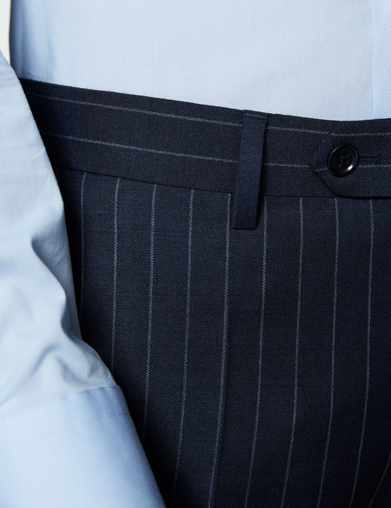 Anzughose - Slim Fit - Marineblau mit Kreidestreifen - 100s Wolle - Ohne Bundfalte - Vorderhose Gefüttert - Ungesäumt