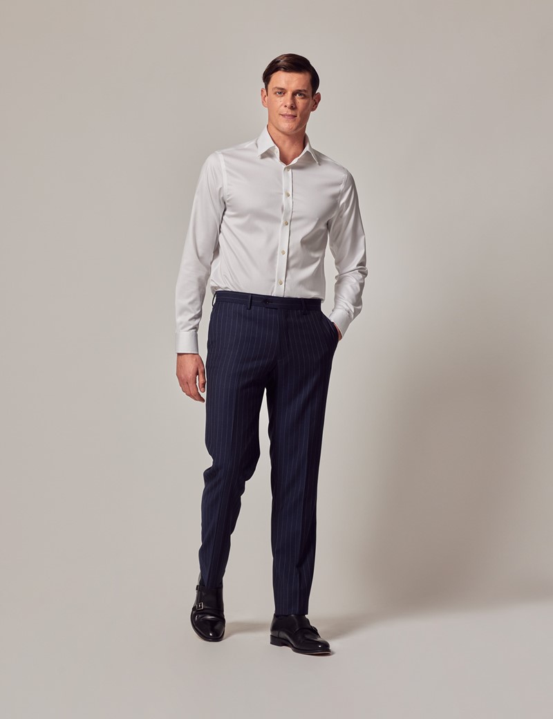 Men's Navy Chalk Stripe Classic Fit Suit Trousers | Slim fit trousers,  Hawes and curtis, Slim fit suit