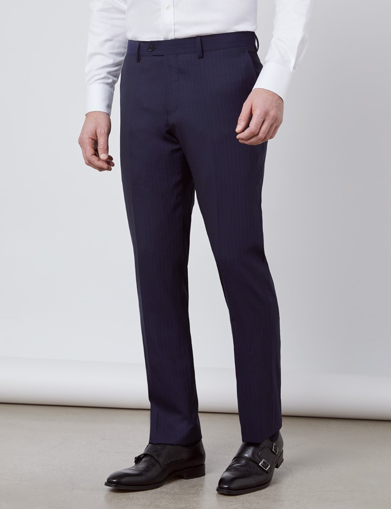 Men's Navy Tonal Stripe Slim Fit Suit Trousers | Hawes & Curtis