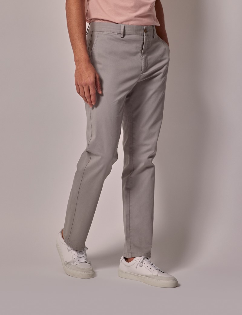 Men's Light Grey Garment Dyed Cotton Stretch Chinos | Hawes and Curtis