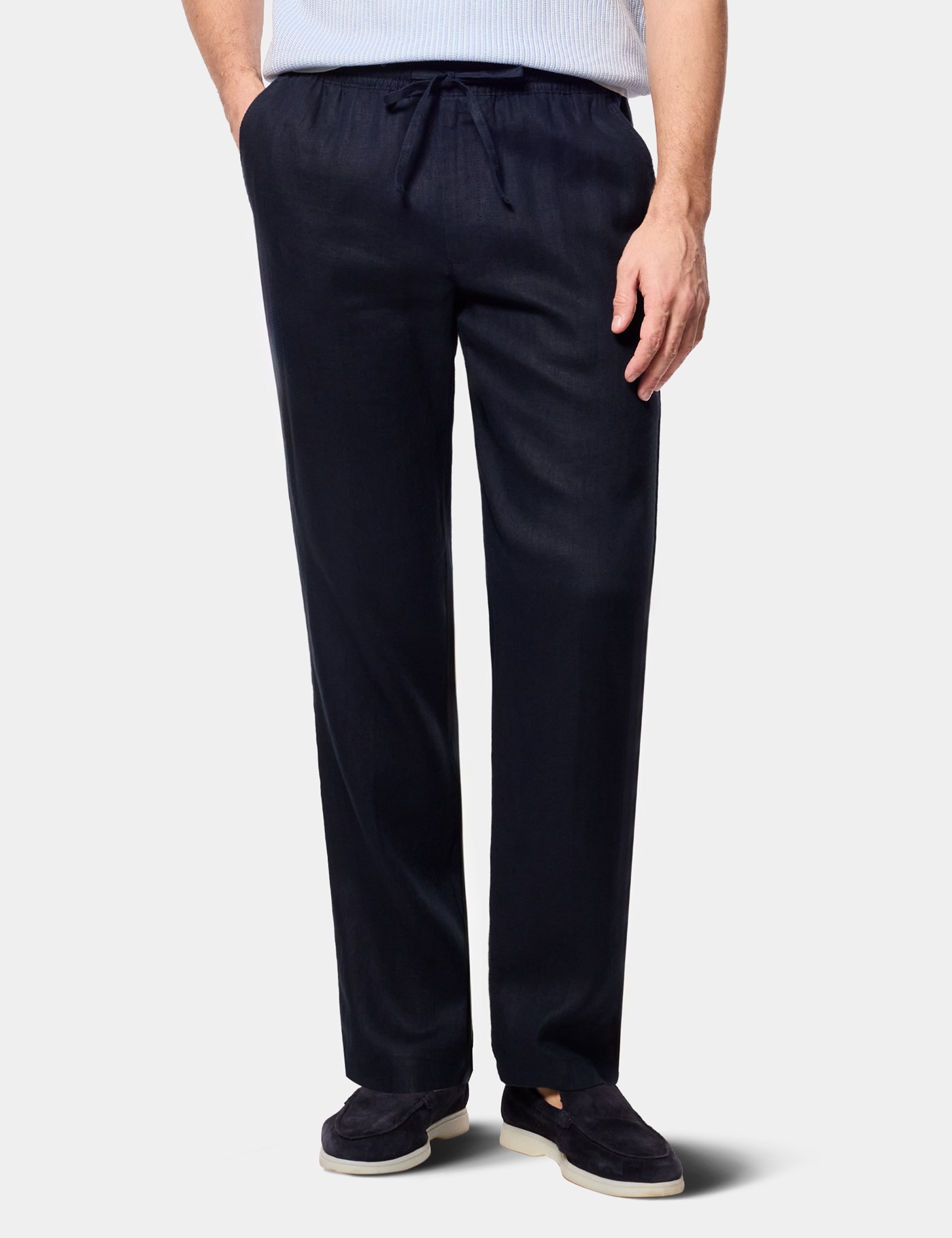Hawes & Curtis Navy Linen Drawstring Trousers | Machine Washable Size: 32-32"