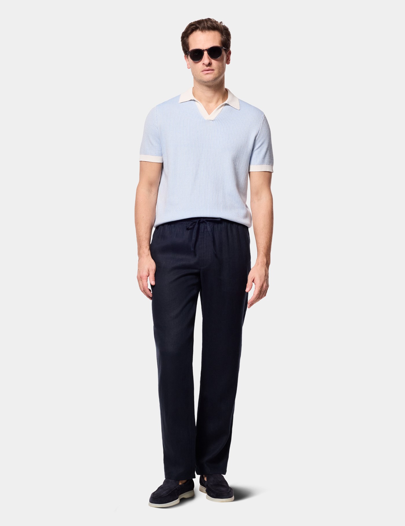 Hawes & Curtis Navy Linen Drawstring Trousers | Machine Washable Size: 32-32" image 2