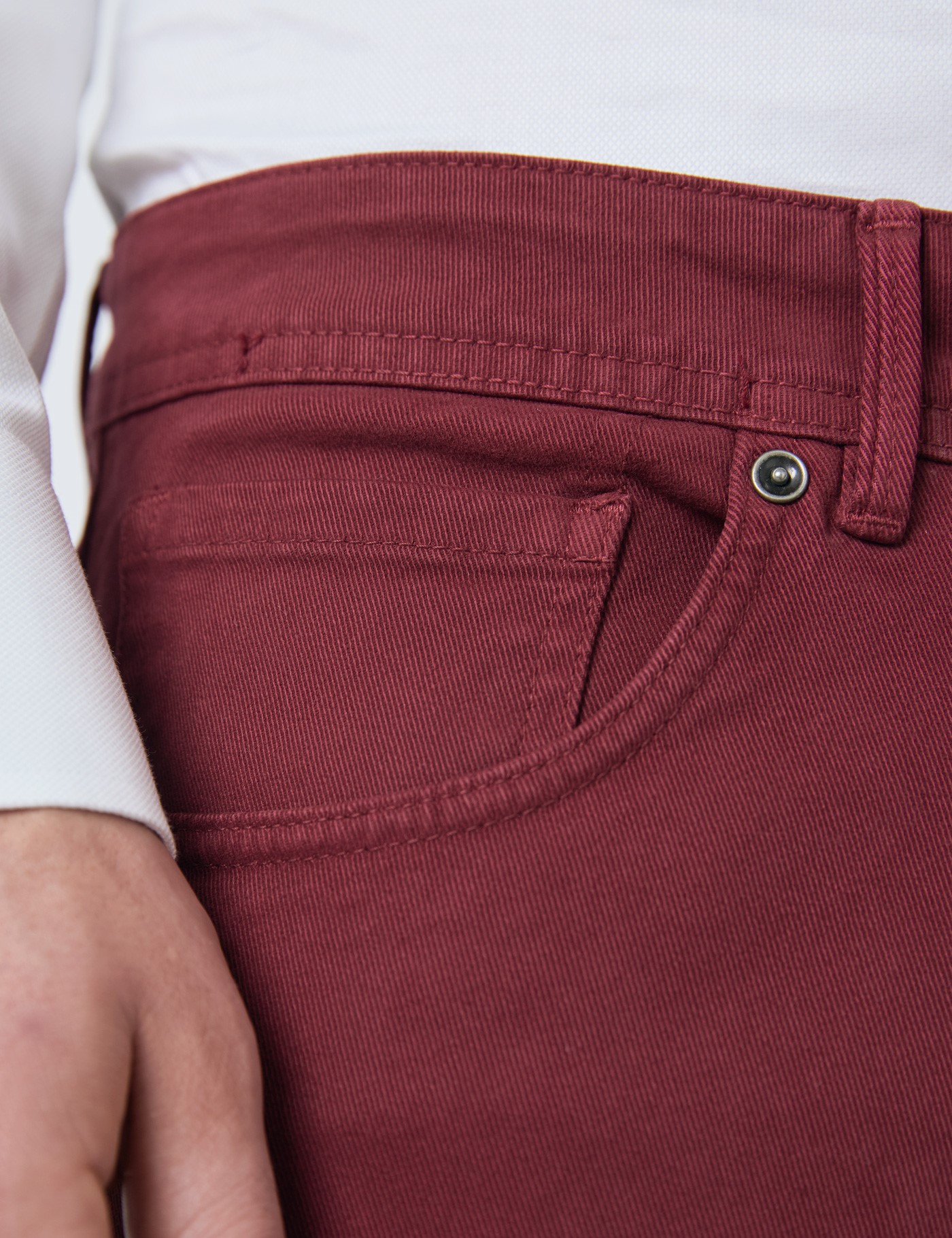 Cotton Twill Men's Garment Dye 5 Pocket Trousers in Bordeaux | Hawes ...