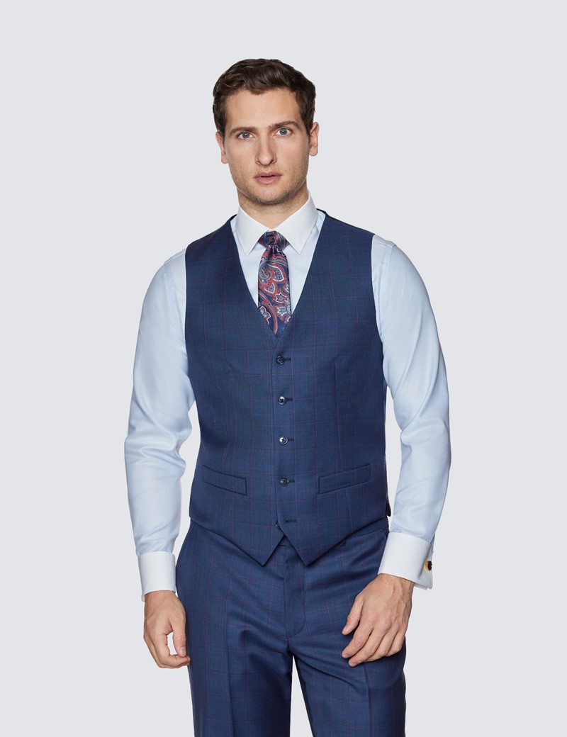 Men's Blue & Purple Windowpane Check Tailored Fit Waistcoat - 1913  Collection