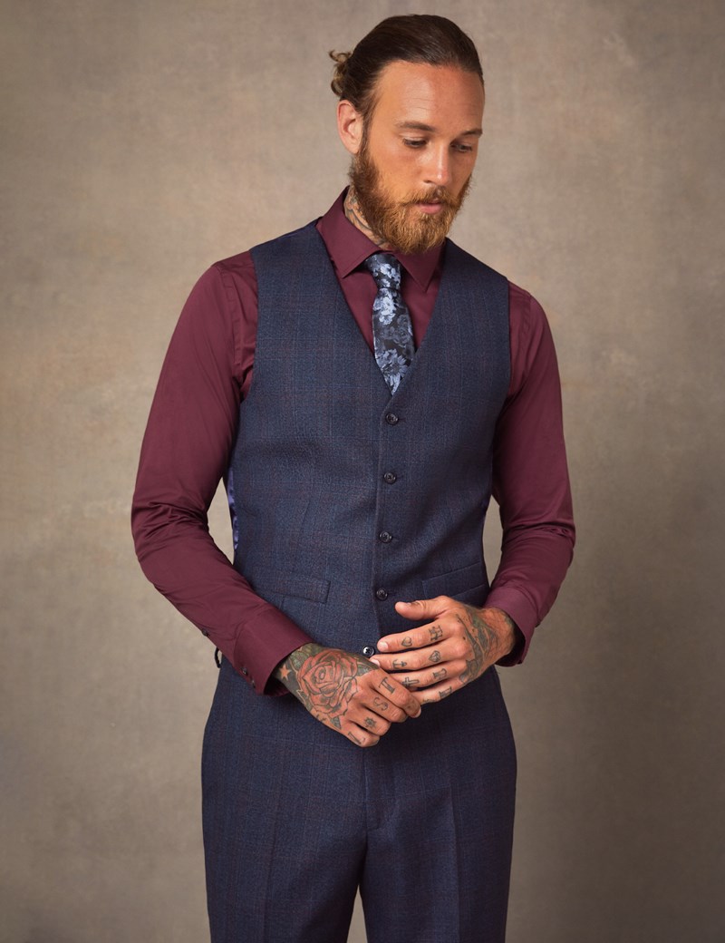 Men's Navy & Red Windowpane Plaid Tailored Fit Italian Vest  – 1913 Collection
