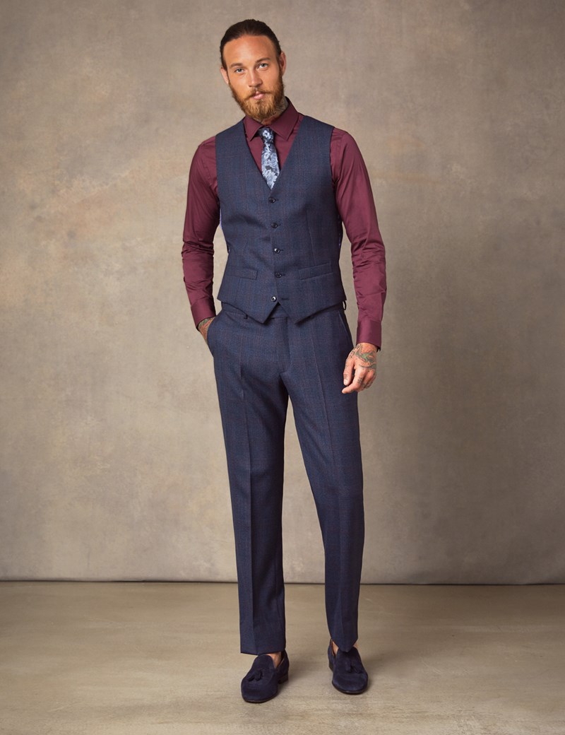 Men's Navy & Red Windowpane Check Tailored Fit Italian Waistcoat – 1913 Collection