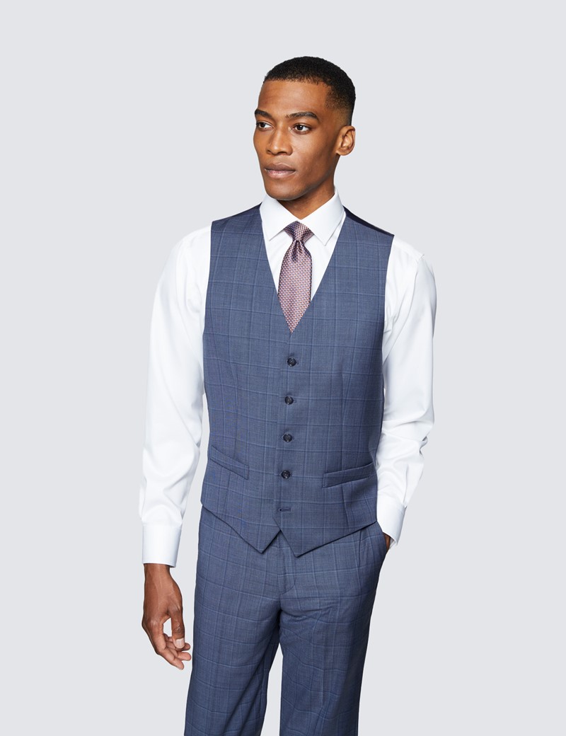 Men's Blue Tonal Check Tailored Fit Italian Waistcoat – 1913 Collection