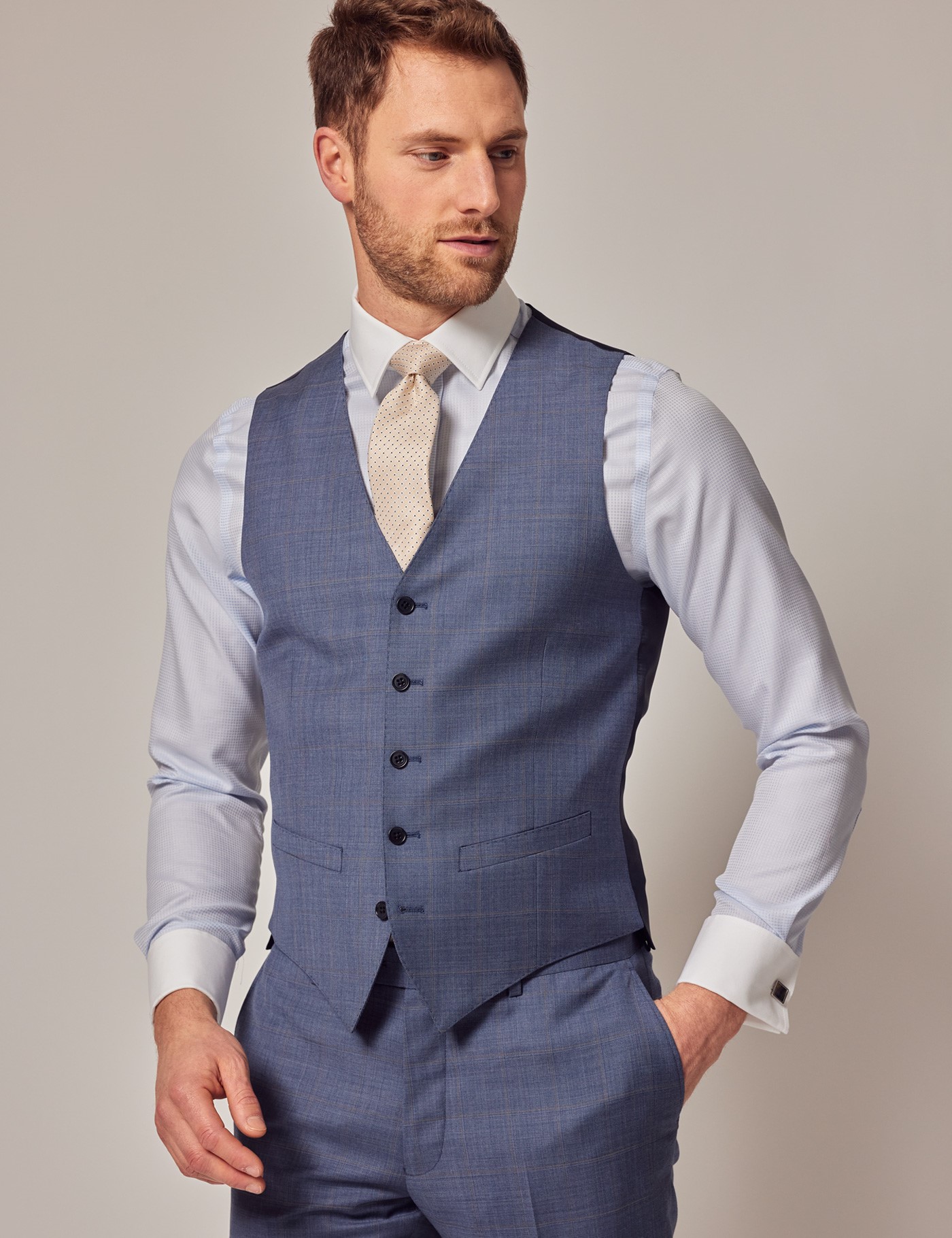 Blue & Brown Windowpane Check Slim Waistcoat | Hawes & Curtis