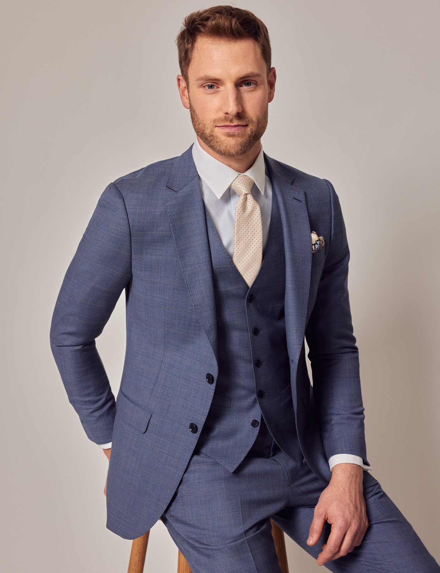 Blue & Brown Windowpane Plaid Slim Vest | Hawes & Curtis