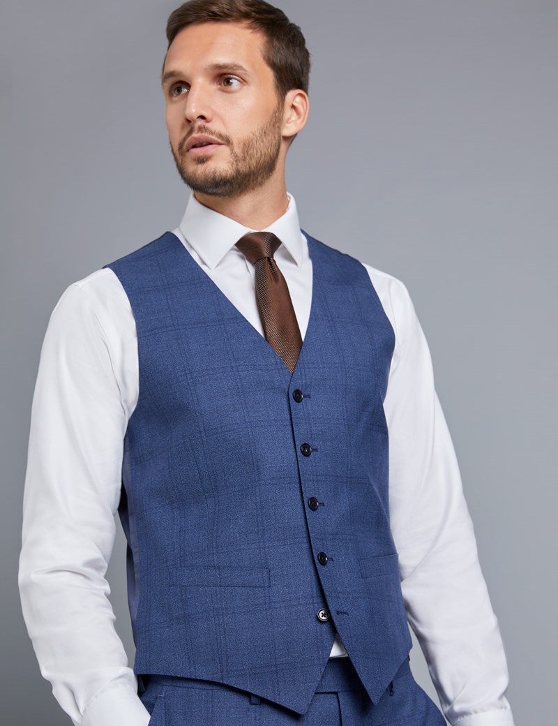 Men's Blue Plaid Slim Fit Vest | Hawes & Curtis