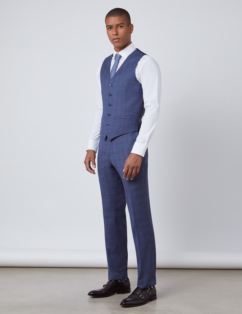 Men's Blue Overcheck Slim Fit Waistcoat 