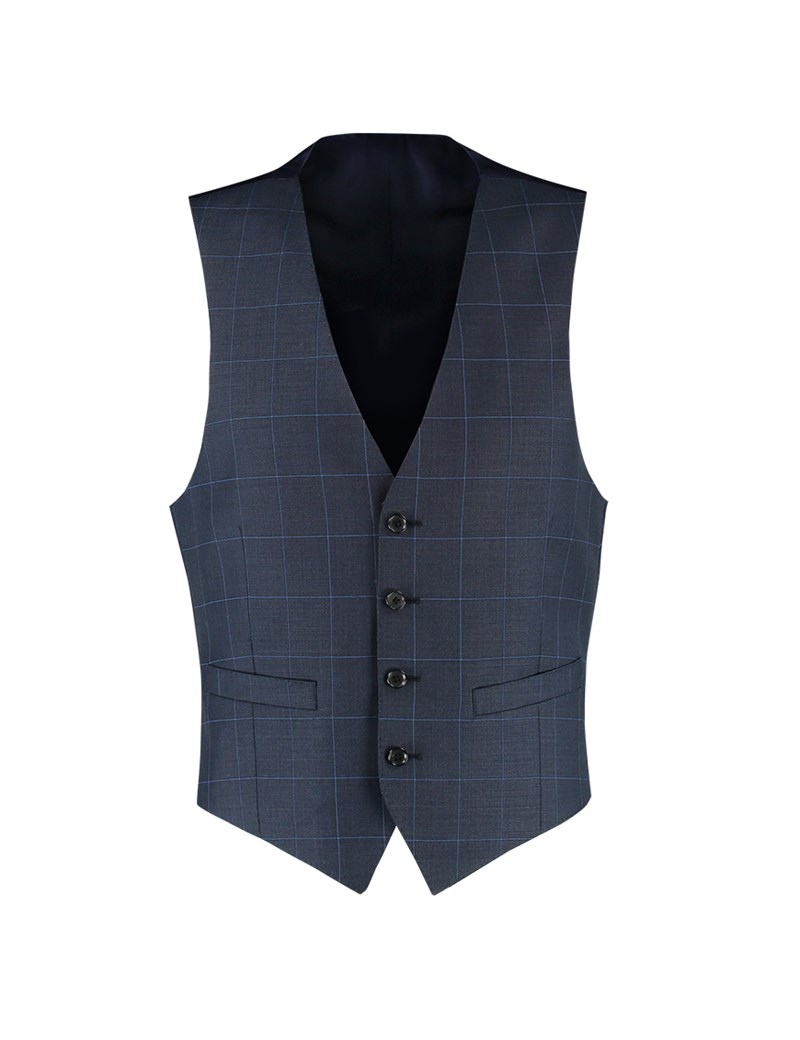 Men's Navy & Blue Windowpane Plaid Slim Fit Vest - Super 120s Wool