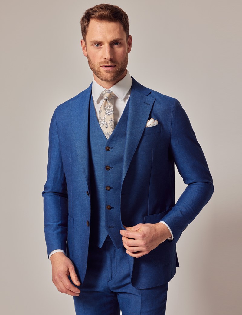 Men's Royal Blue Italian Cotton Linen Slim Suit Pants - 1913 Collection