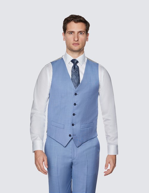 Men’s Light Blue Tailored Fit Sharkskin Italian Waistcoat – 1913 Collection 