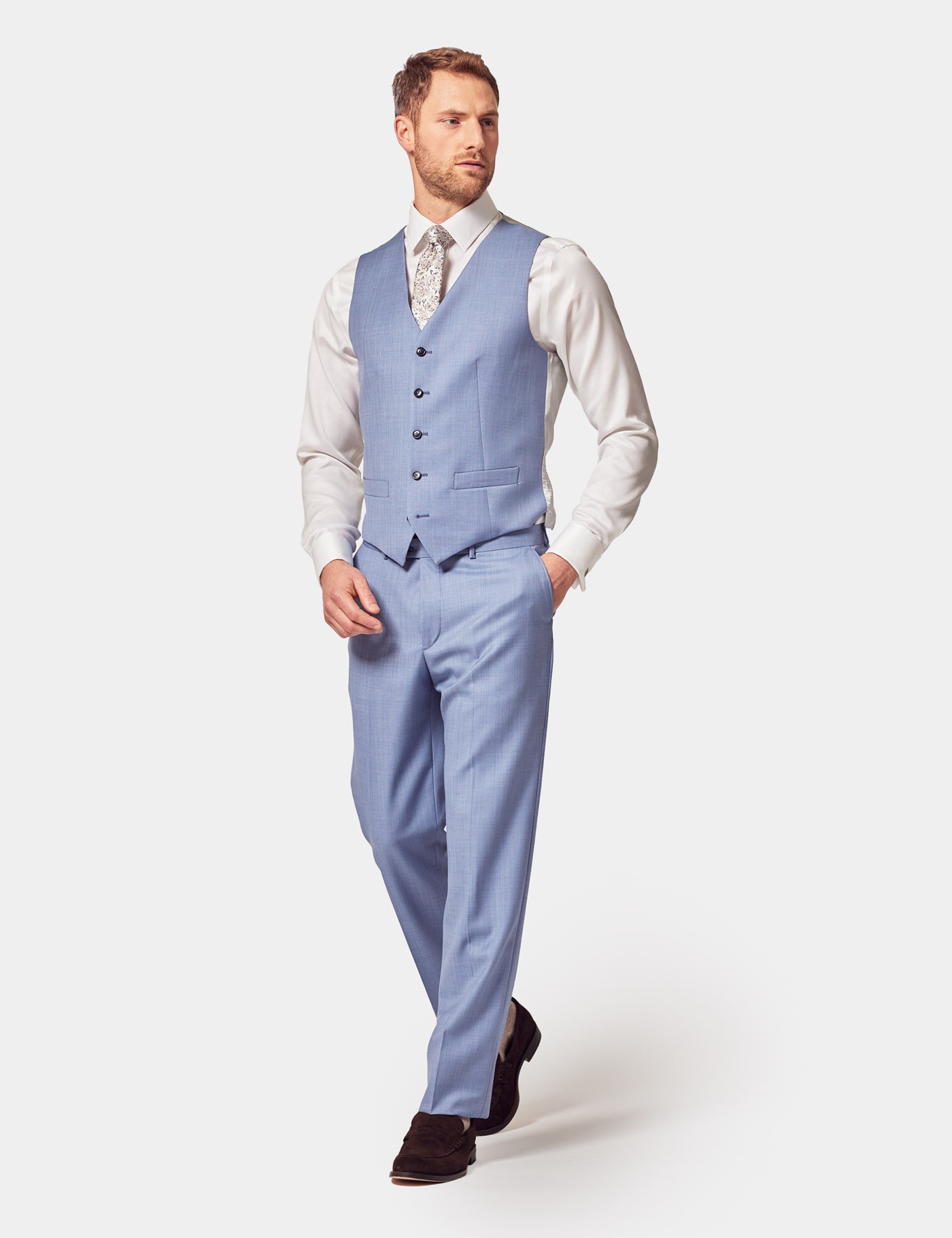 & Light Blue Tailored Fit Sharkskin Italian Waistcoat 1913 Collection reg