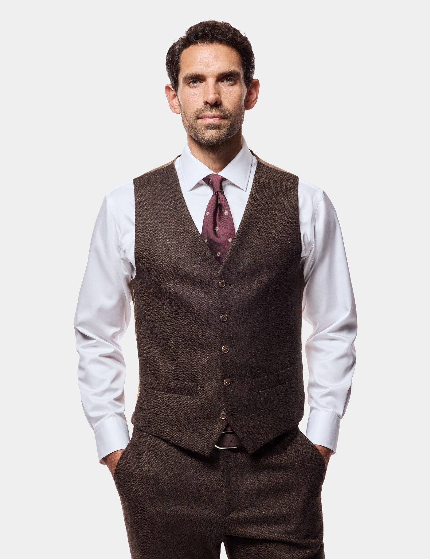 Hawes & Curtis Slim Fit Brown Herringbone 1913 Suit Waistcoat Size: 44 (EU 54)