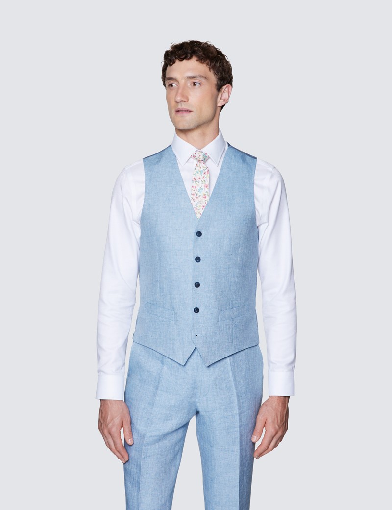Men's Light Blue Linen Herringbone Tailored Fit Italian Vest – 1913 Collection 