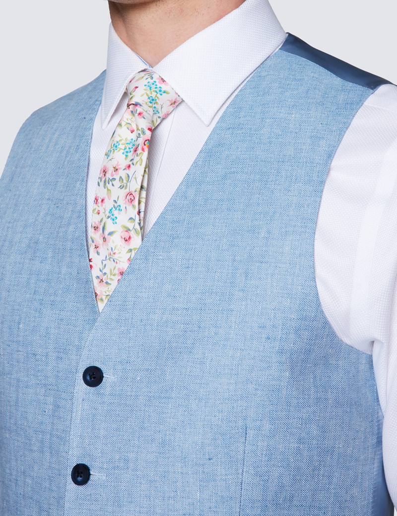 Men's Light Blue Linen Herringbone Tailored Fit Italian Vest – 1913 Collection 