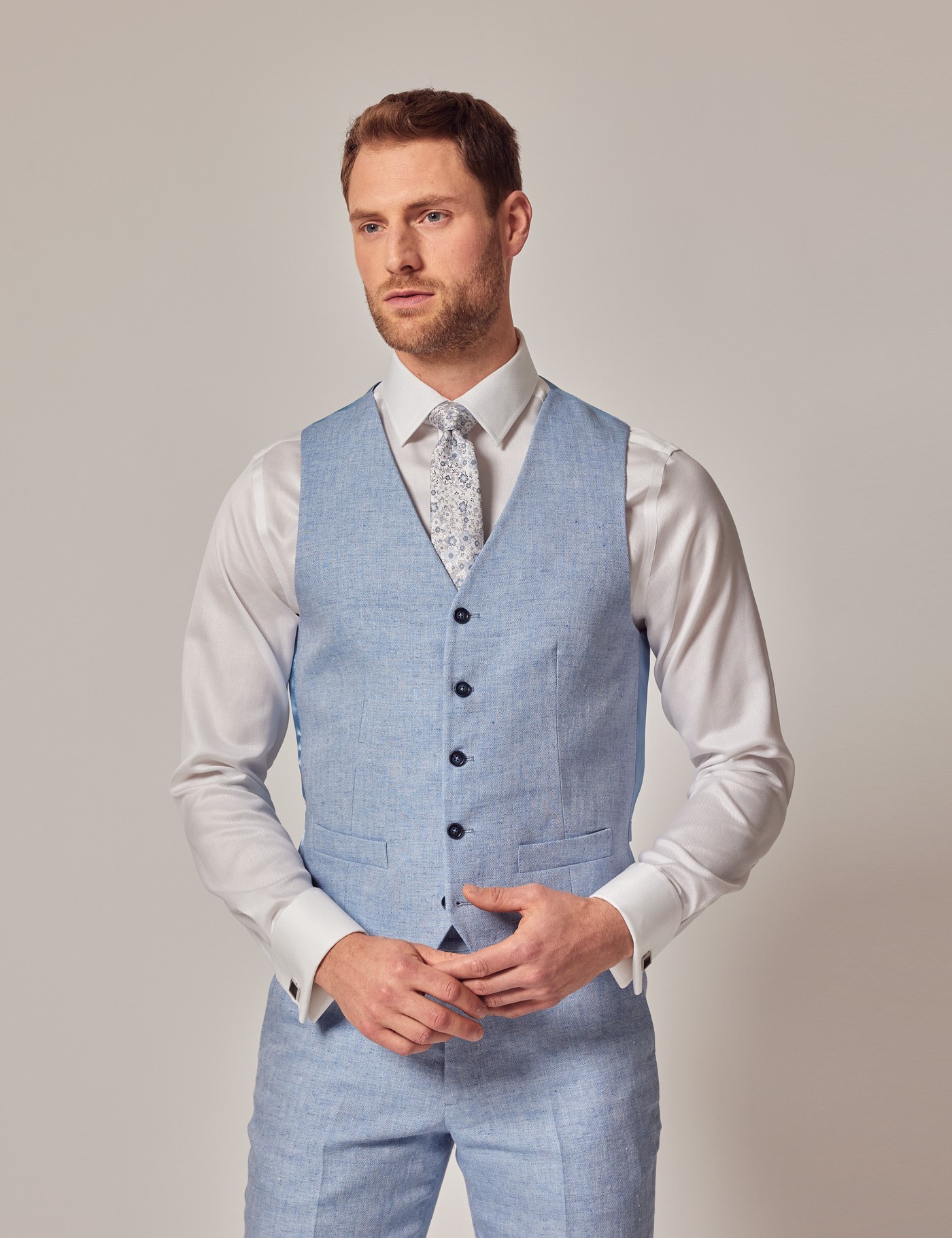Men's Light Blue Linen Herringbone Tailored Fit Italian Waistcoat ...
