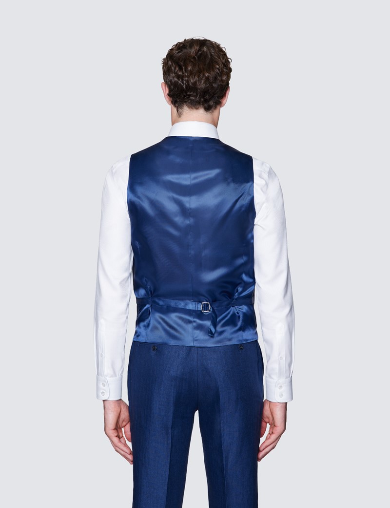 Men's Royal Blue Herringbone Linen Tailored Fit Italian Vest - 1913 Collection
