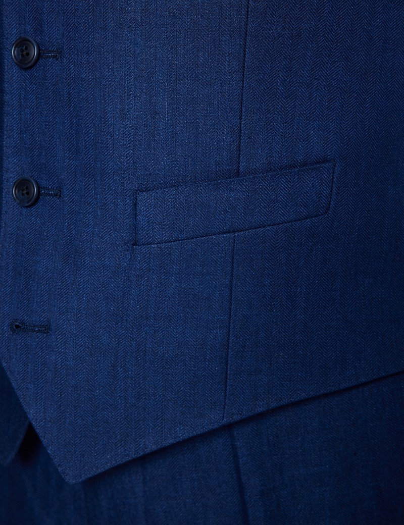 Men's Royal Blue Herringbone Linen Tailored Fit Italian Waistcoat - 1913 Collection