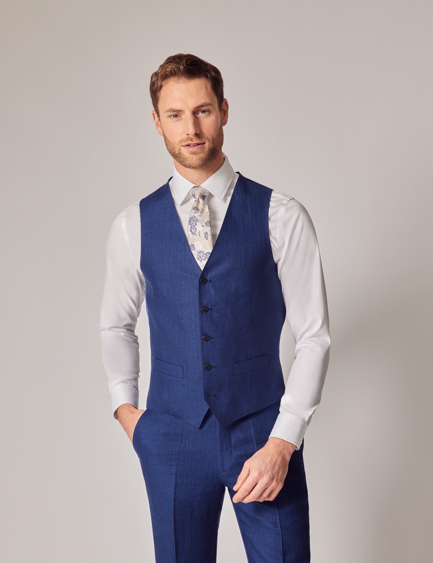 Men's Royal Blue Herringbone Linen Tailored Fit Italian Waistcoat ...