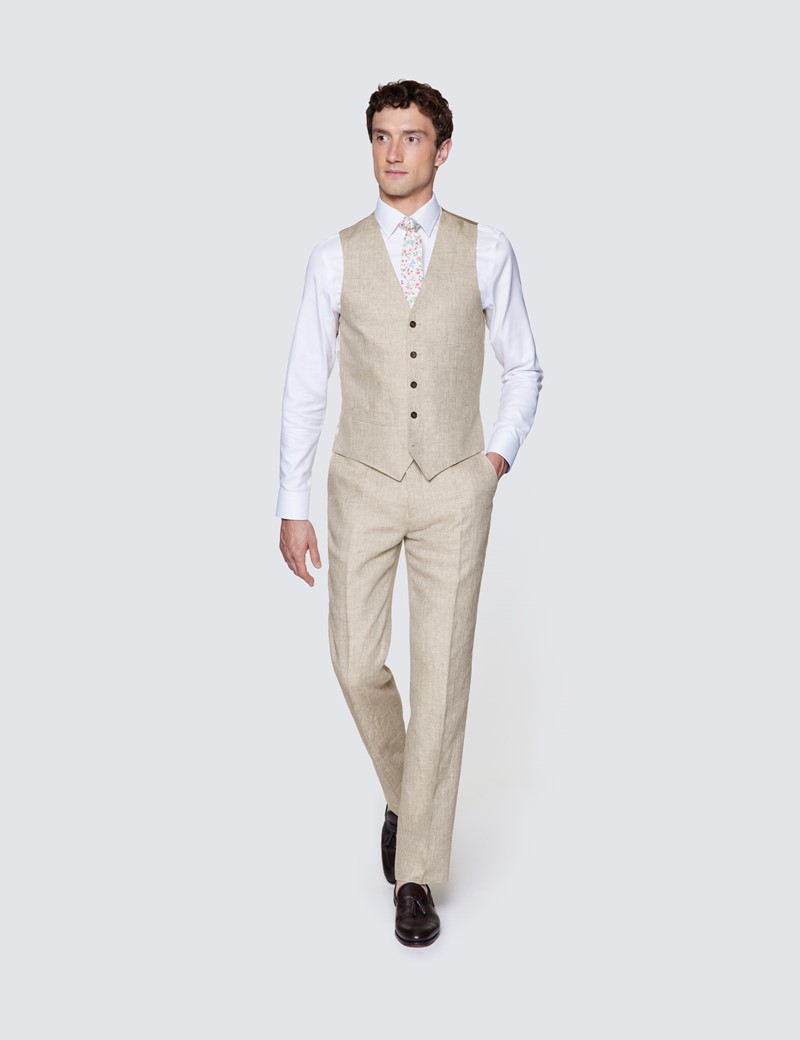 Men's Beige Linen Herringbone Tailored Fit Italian Waistcoat – 1913 Collection 