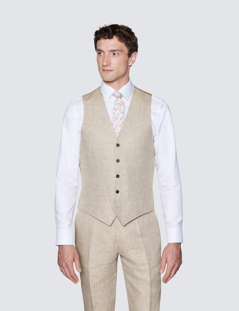 Men's Beige Linen Herringbone Tailored Fit Iatlian Vest – 1913 Collection 